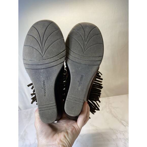 Minnetonka Brown Suede Fringe Ankle Wedge Zip Up Moccasin Boots Womens Size 7 - Picture 4 of 8